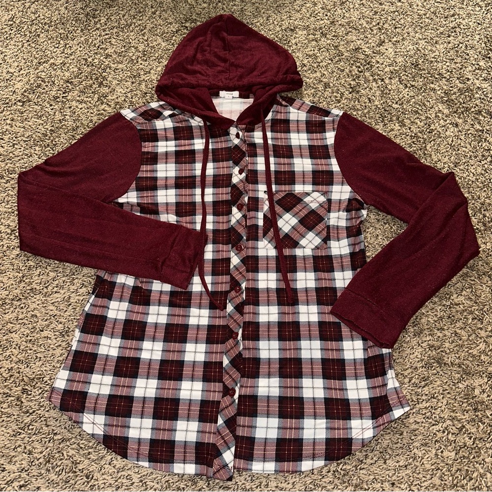 Ardene Burgundy Plaid Hoodie Button up Top